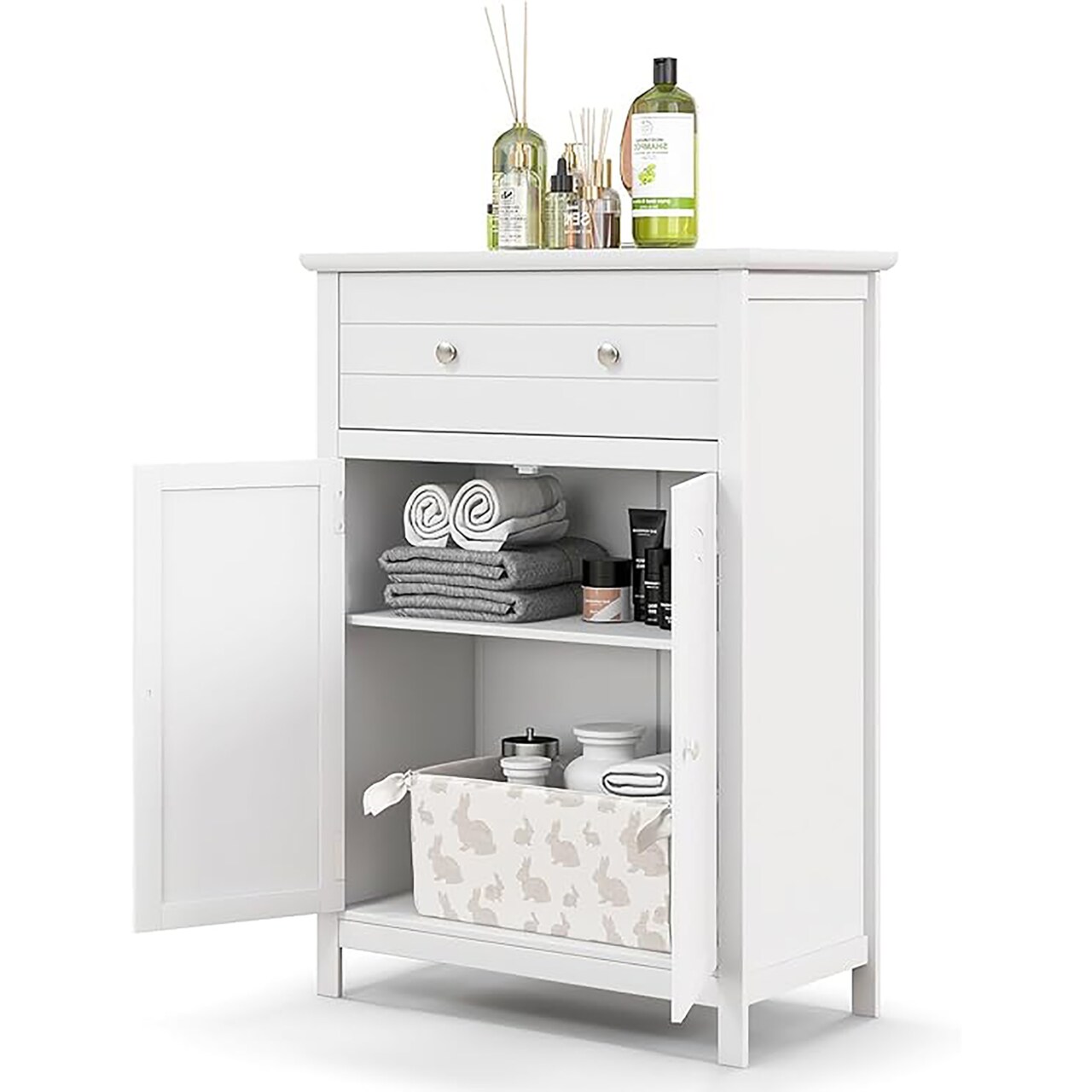 Bathroom Storage Cabinet Free Standing Large Drawer W/Adjustable Shelf White